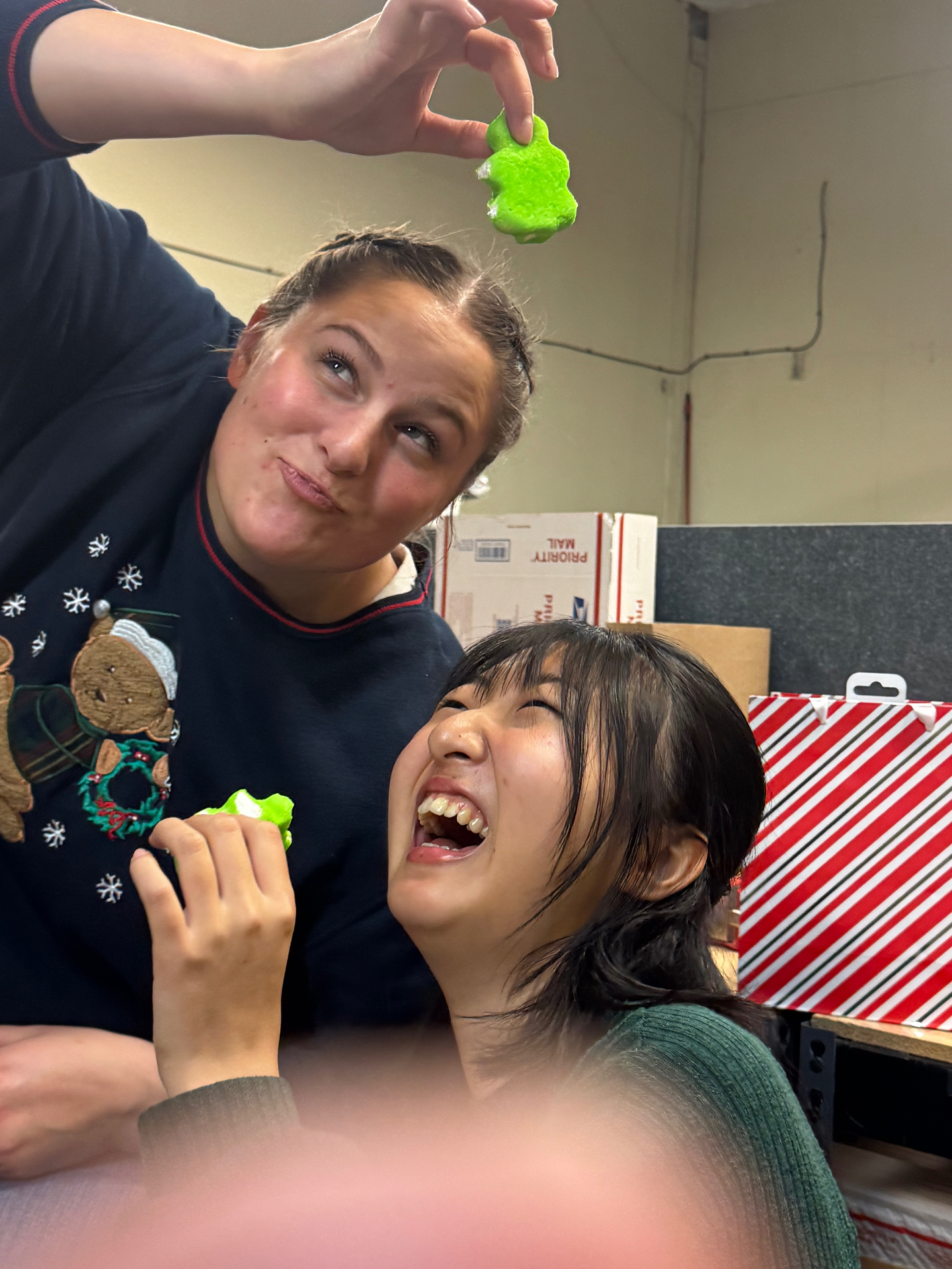 Connect friends laughing during a Christmas party